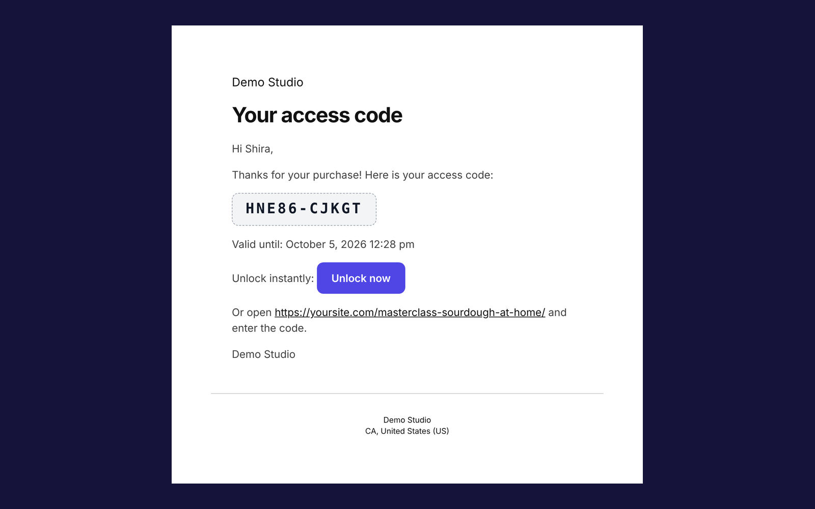 Access code email with the code and an Unlock now button