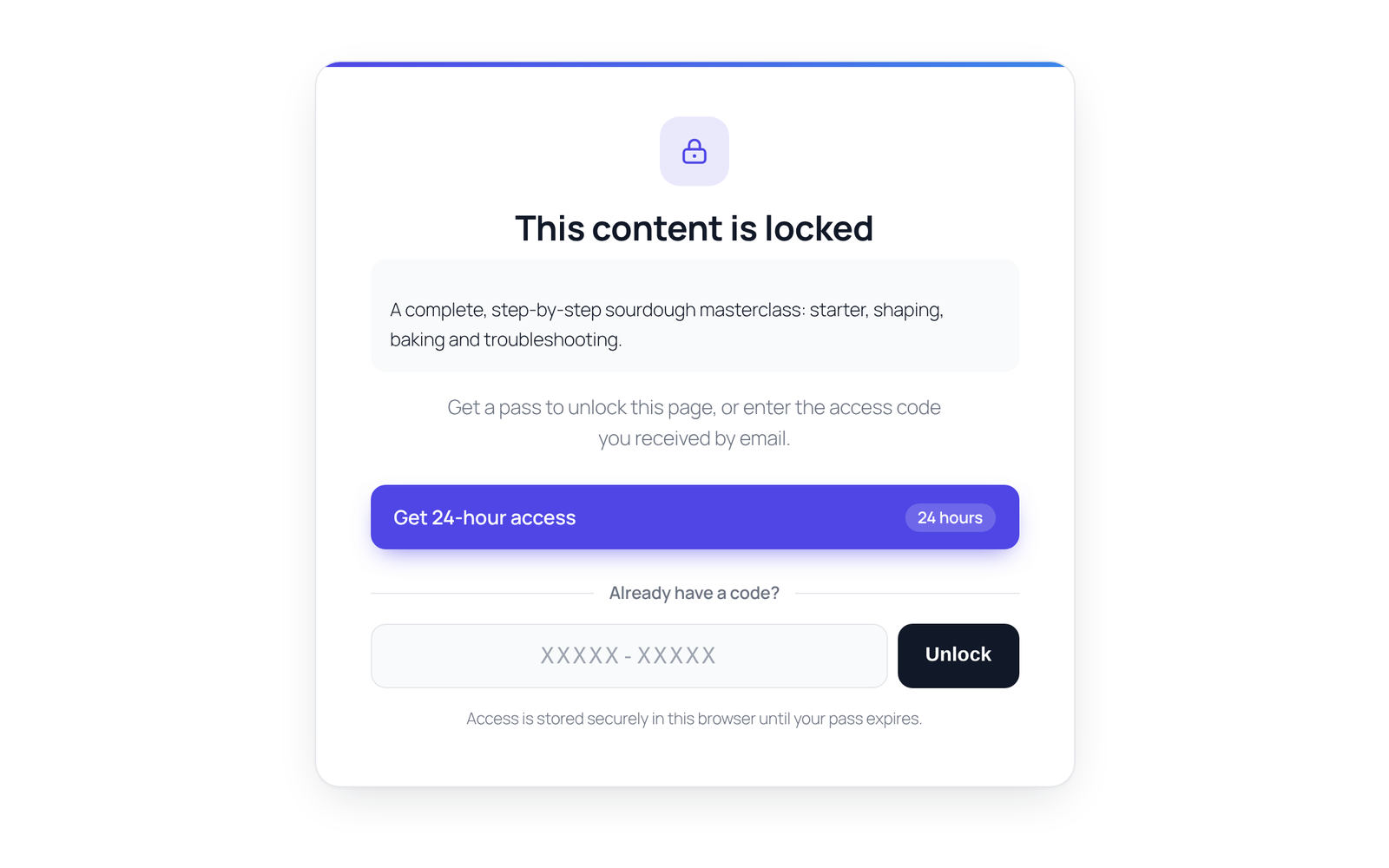 Timed Access Pass paywall gate on a WordPress page, with a 24-hour access button and an access code field